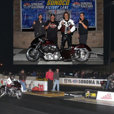 Motorcycle with Kevin Benson, the winner, on the left side and Doug Love, the runner up.