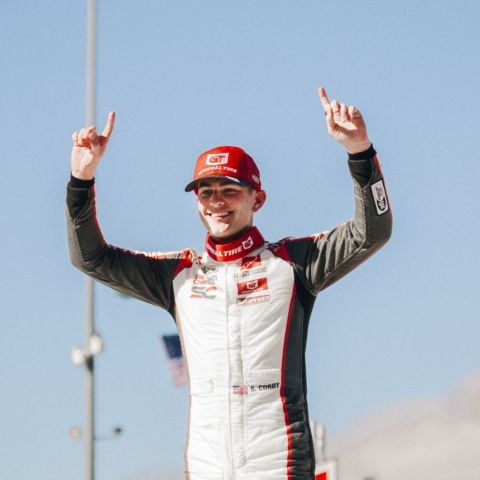 Sam Corry, driver of the No. 25 Nitro Motorsports Toyota, celebrates after winning Friday’s General Tire 150 ARCA Menards Series West race at Sonoma Raceway.  